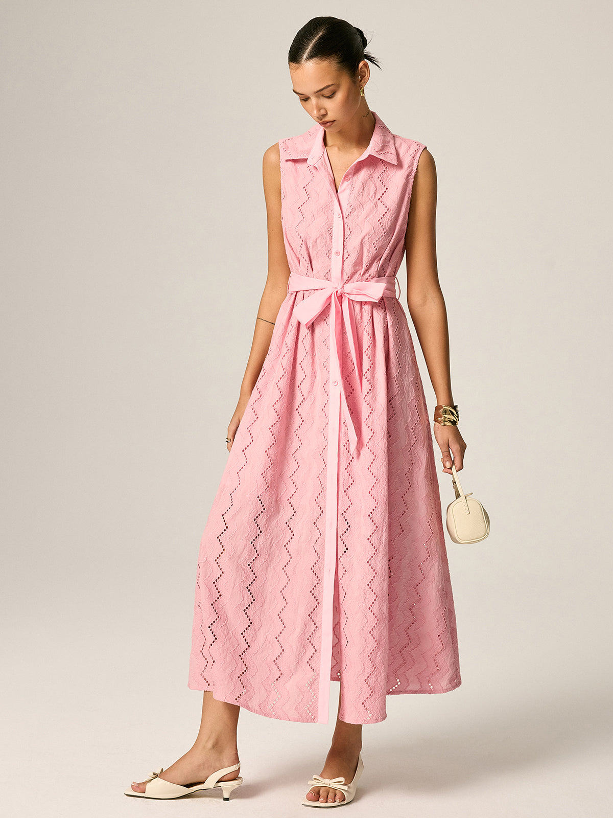Eyelet Embroidery Belted Shirt Maxi Dress