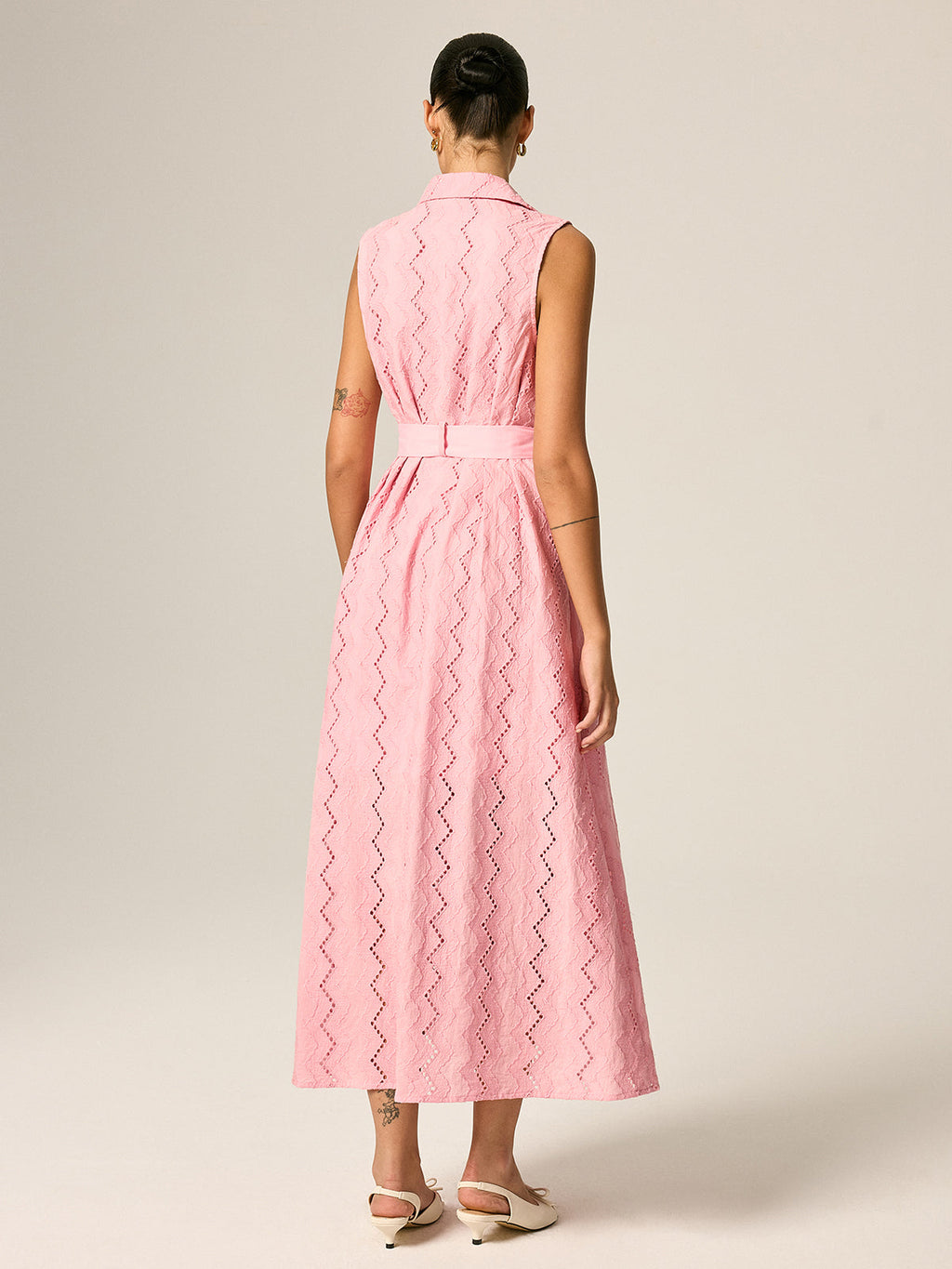 Eyelet Embroidery Belted Shirt Maxi Dress