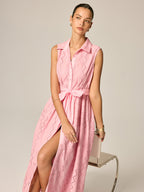 Eyelet Embroidery Belted Shirt Maxi Dress