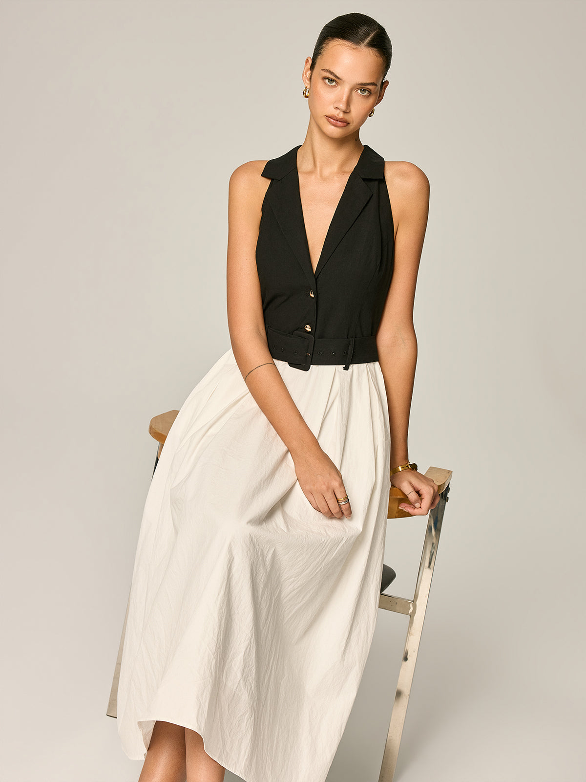 Lapel Belted Color Block Maxi Dress