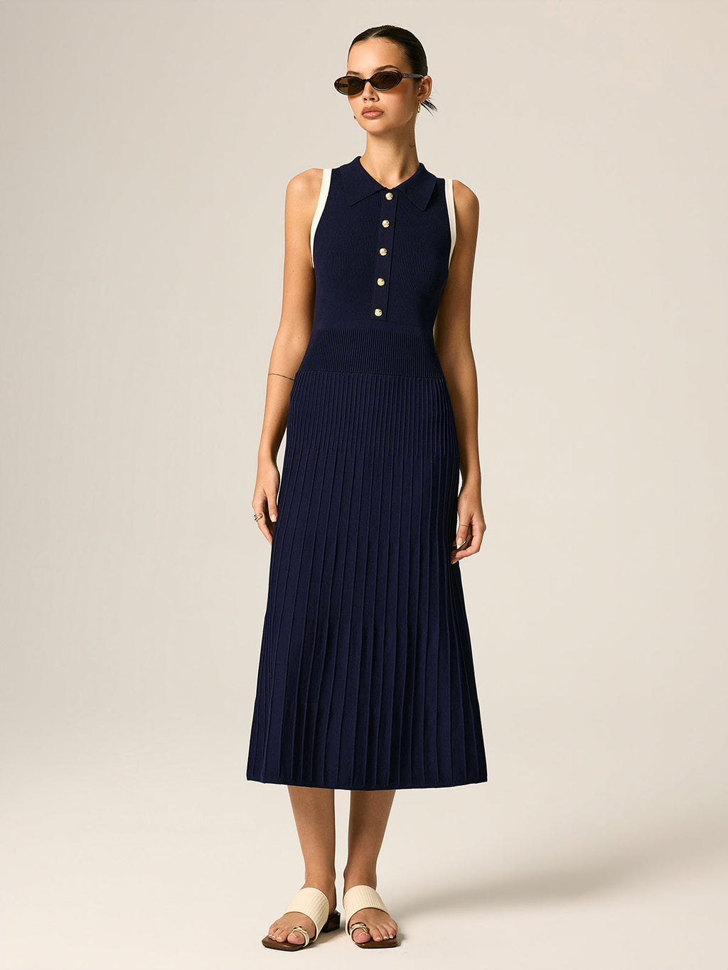Contrast Trim Polo Ribbed Knit Maxi Dress