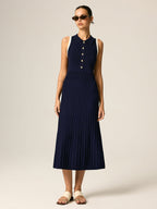 Contrast Trim Polo Ribbed Knit Maxi Dress