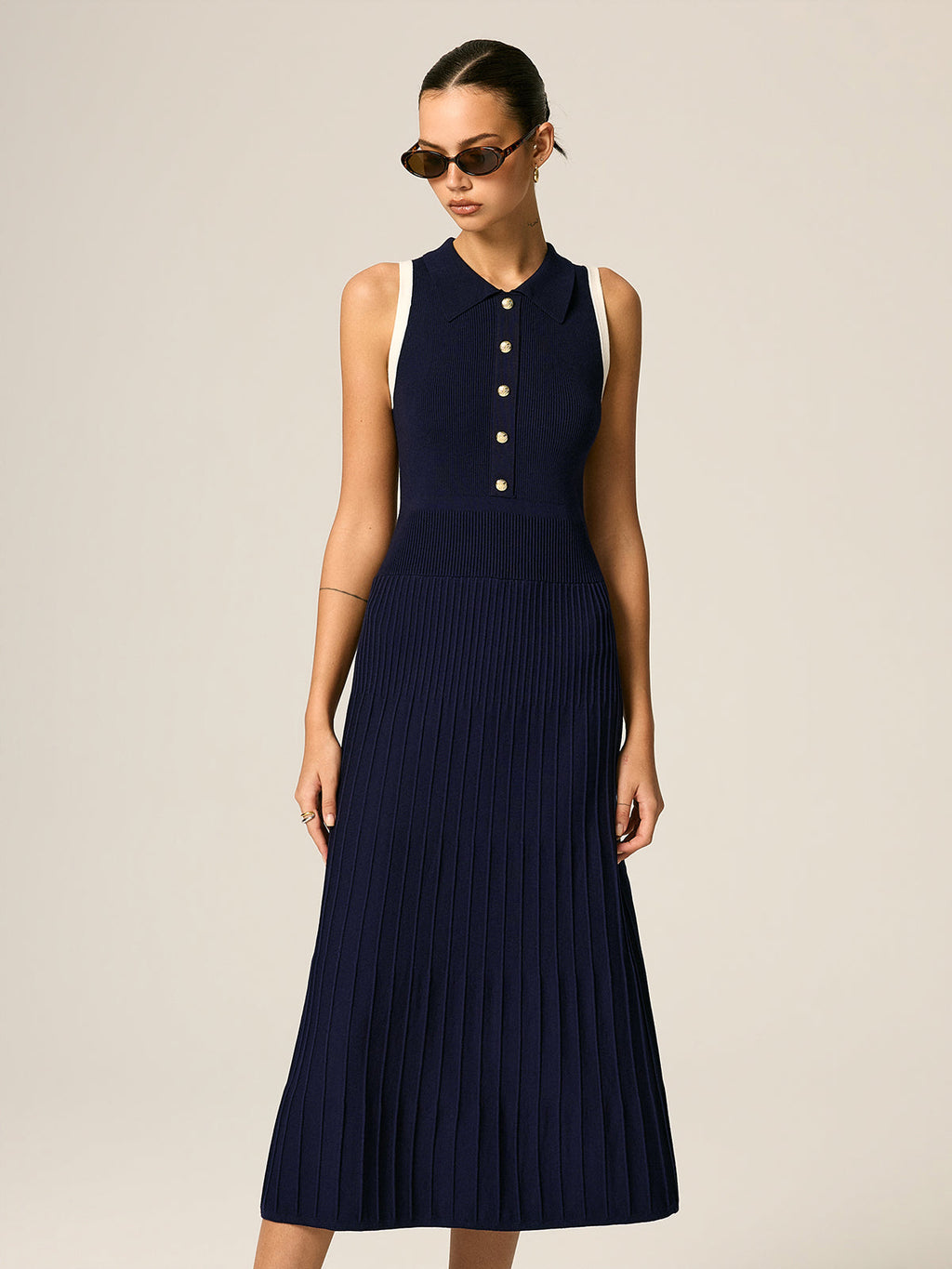 Contrast Trim Polo Ribbed Knit Maxi Dress