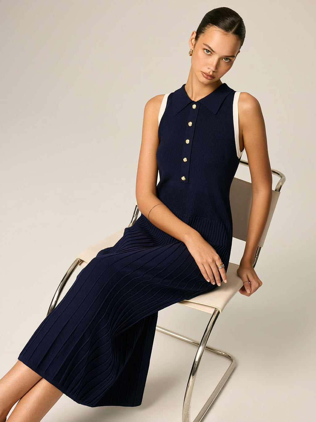 Contrast Trim Polo Ribbed Knit Maxi Dress