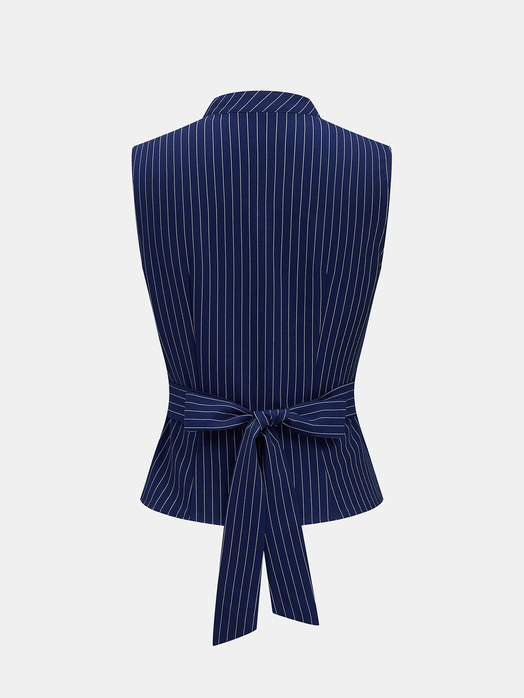 Stand Collar Striped Tie-Back Sleeveless Blouse