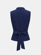 Stand Collar Striped Tie-Back Sleeveless Blouse