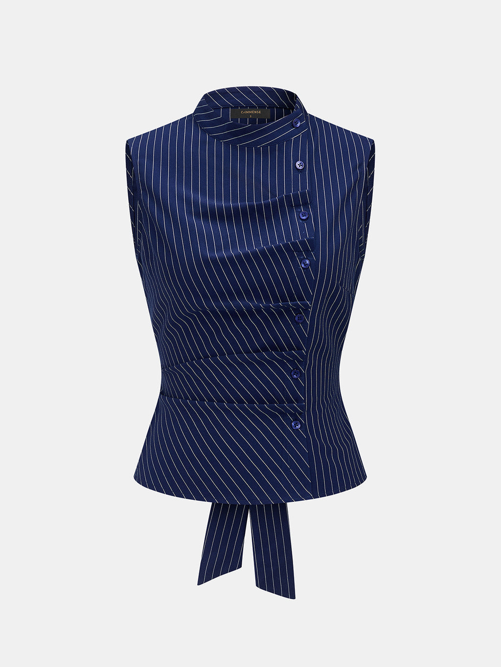 Stand Collar Striped Tie-Back Sleeveless Blouse