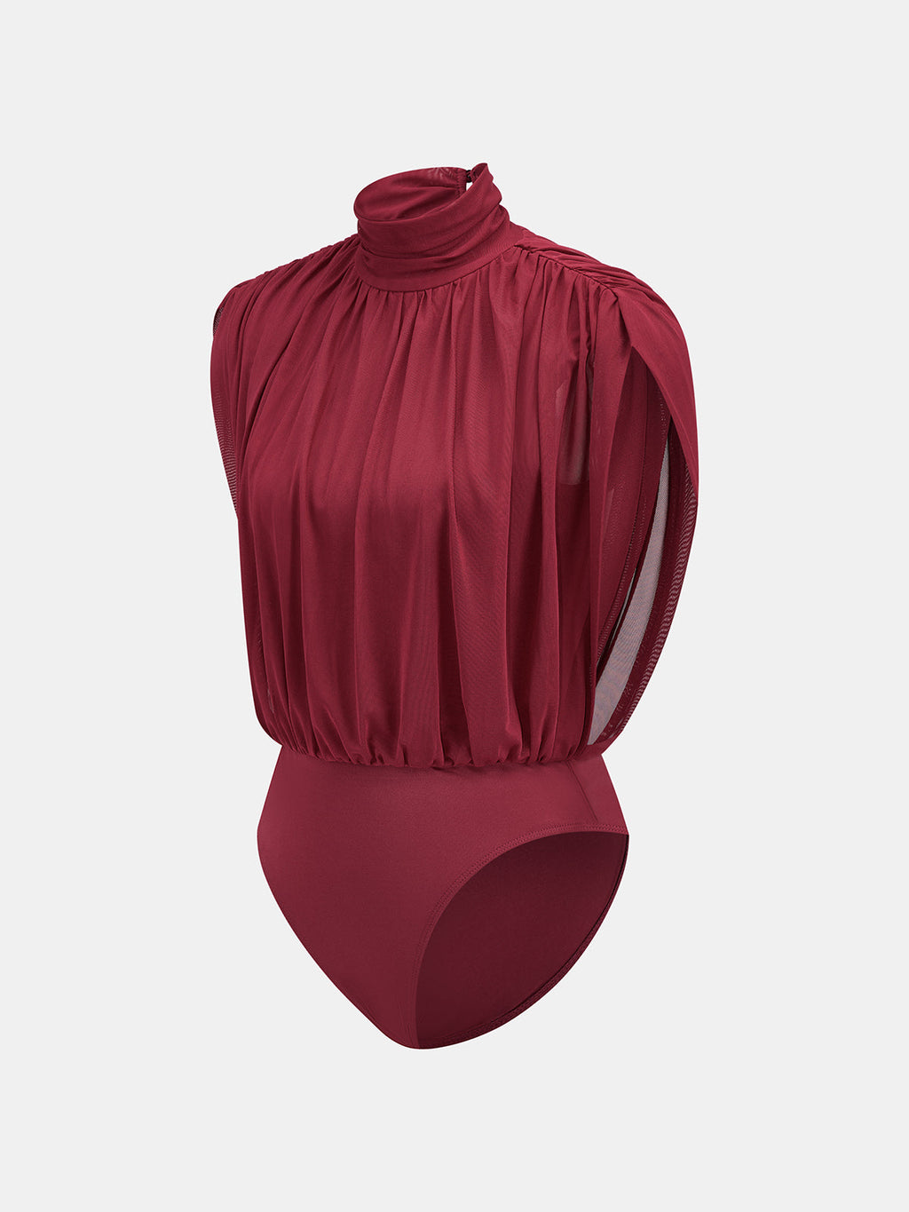 High Neck Ruched Stretch Mesh Bodysuit