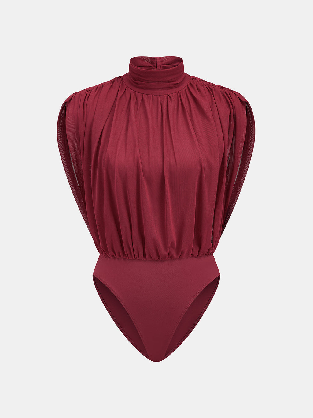High Neck Ruched Stretch Mesh Bodysuit