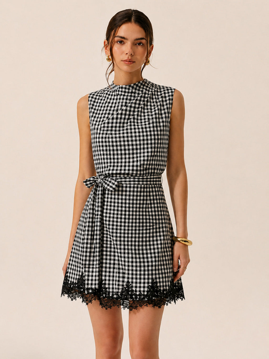 Gingham Tie-Waist Lace Trim Mini Dress