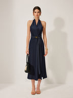 Denim Belted Halter Neck Midi Dress