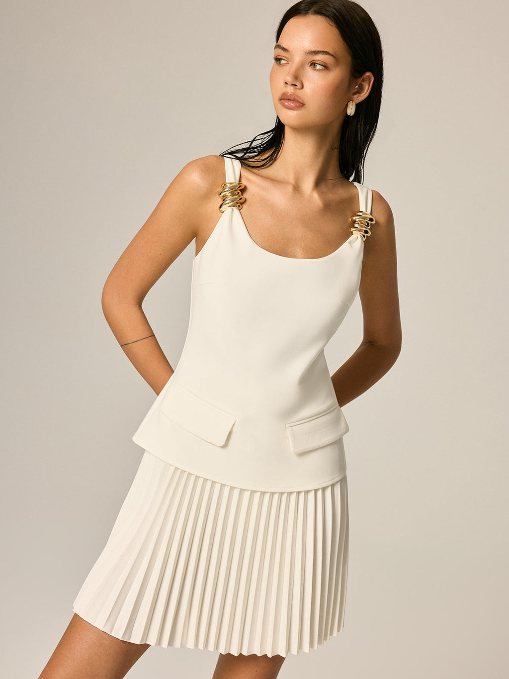 Metal Detail Pleated Mini Dress