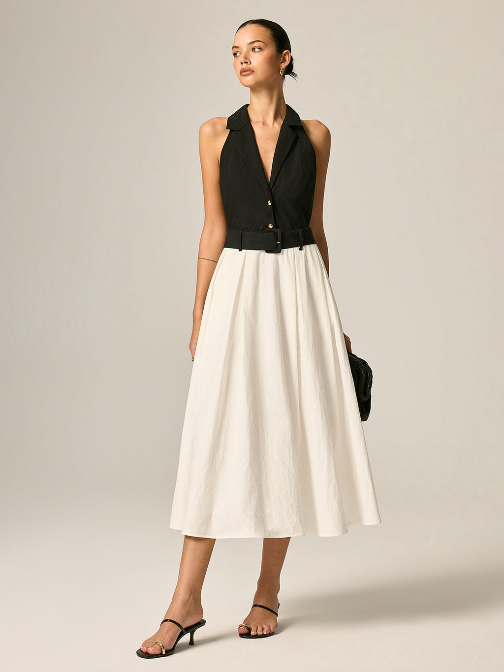 Lapel Belted Color Block Maxi Dress
