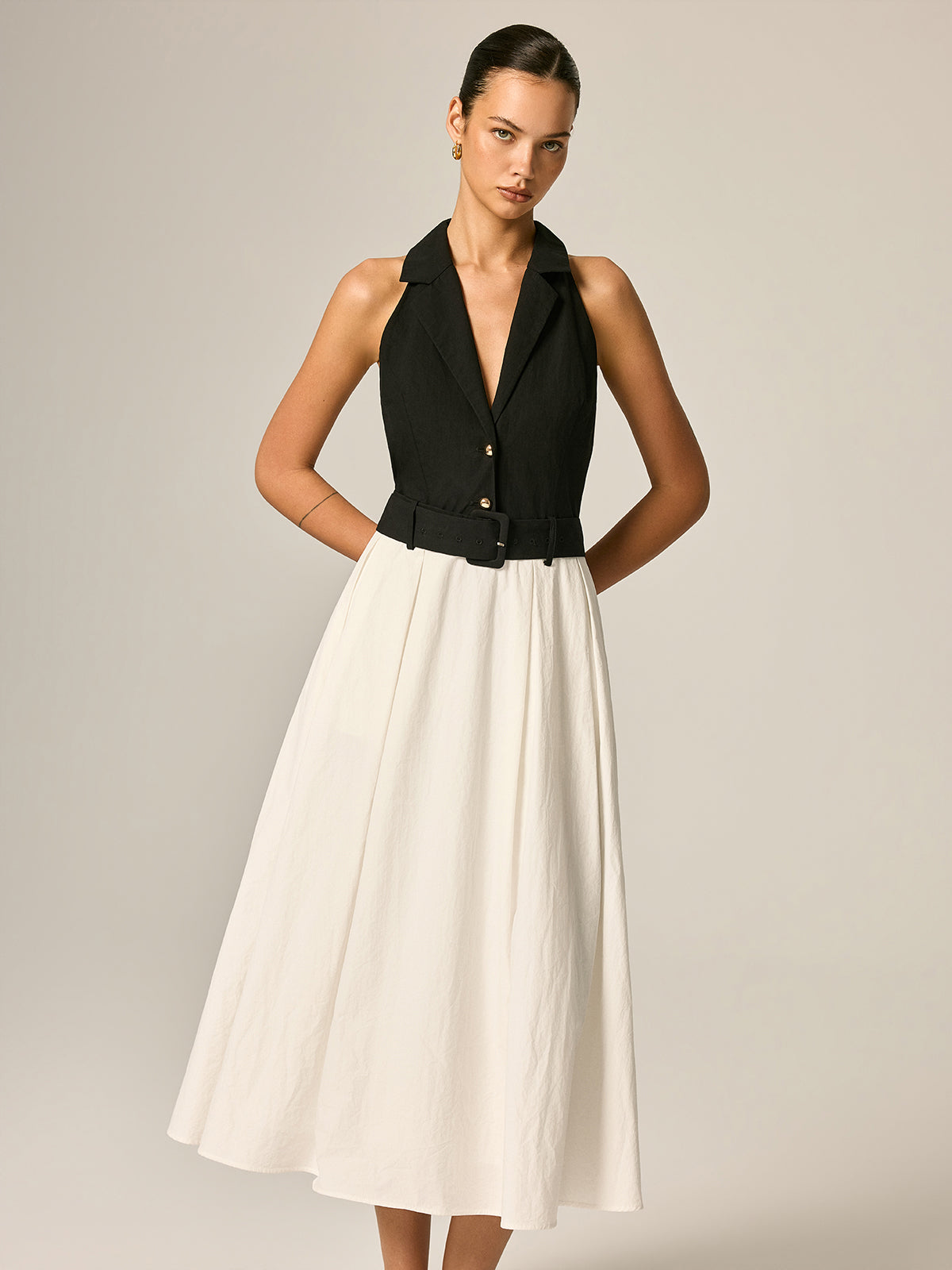 Lapel Belted Color Block Maxi Dress