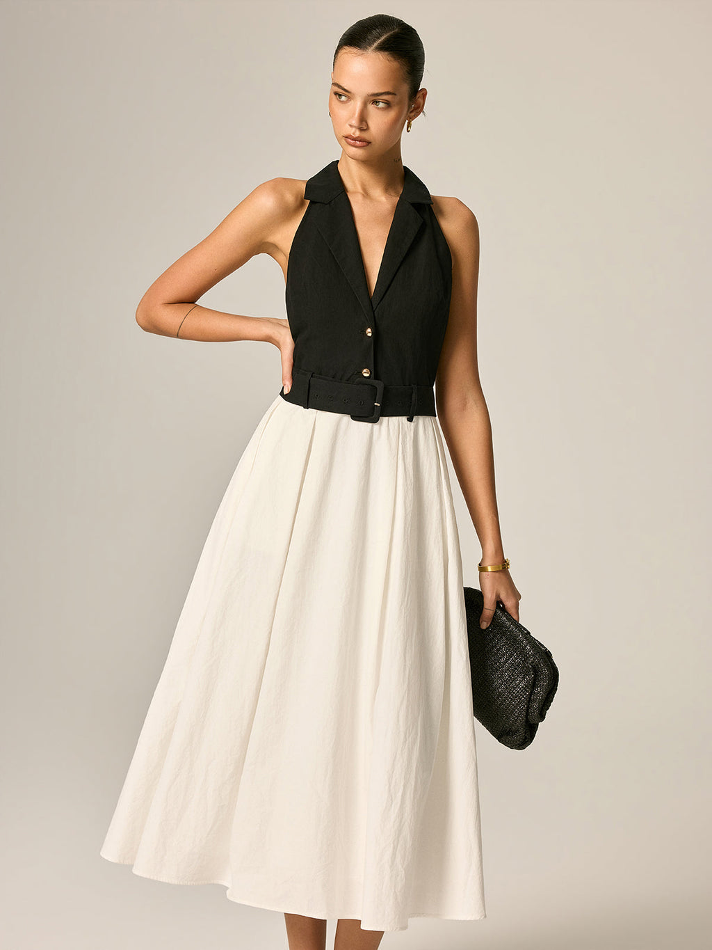 Lapel Belted Color Block Maxi Dress