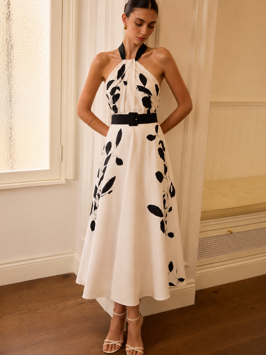Belted Halter Leaf Print Midi Dress