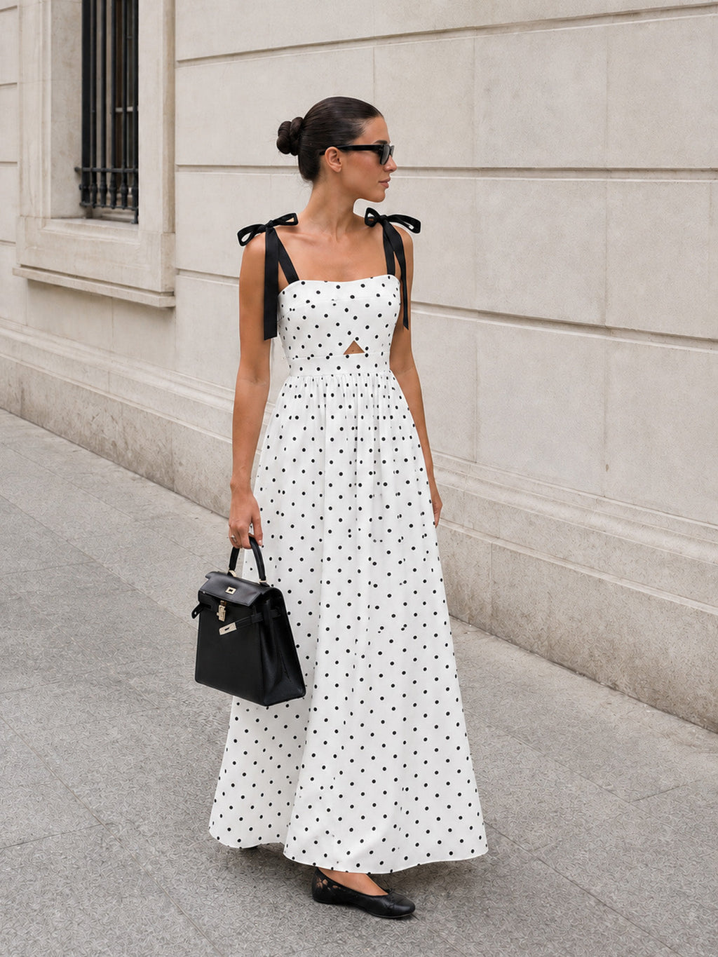 Bow Strap Polka Dot Midi Slip Dress