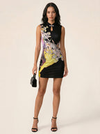 Keyhole Metal Buckle Floral Print Mesh Mini Dress