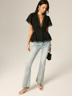 V-Neck Fringe Lace Peplum Short Sleeve Top