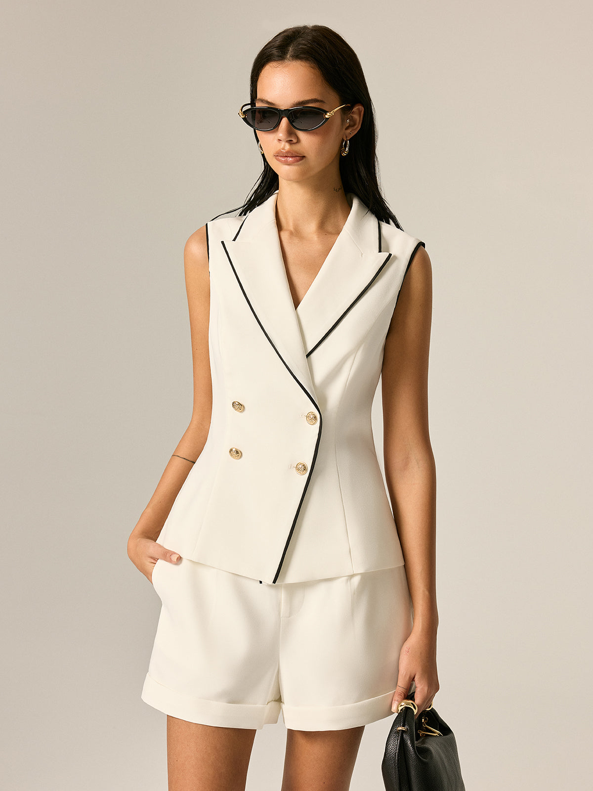 Lapel Double Breasted Vest & Cuffed Shorts Set