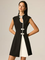 Frog Button Color Block A-Line Dress