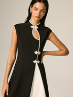 Frog Button Color Block A-Line Dress