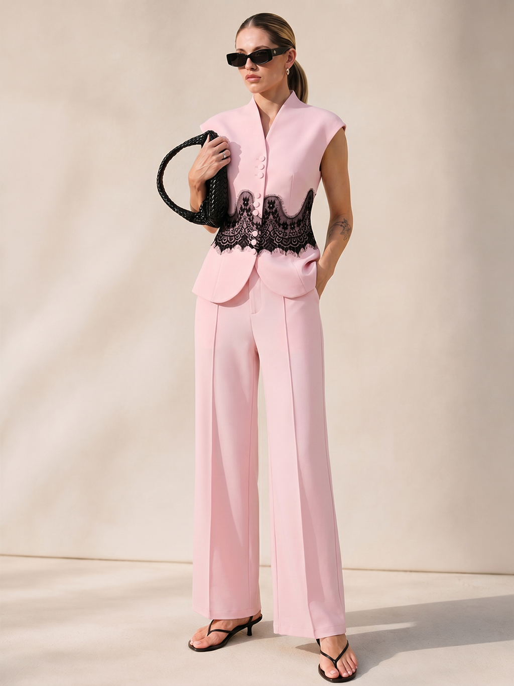 Lace Panel Cap Sleeve Blouse & Pants Set