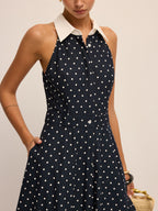 Polka Dot Contrast Collar Cotton Linen Dress
