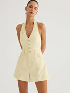 Cotton Halter V-Neck Tie-Back Romper