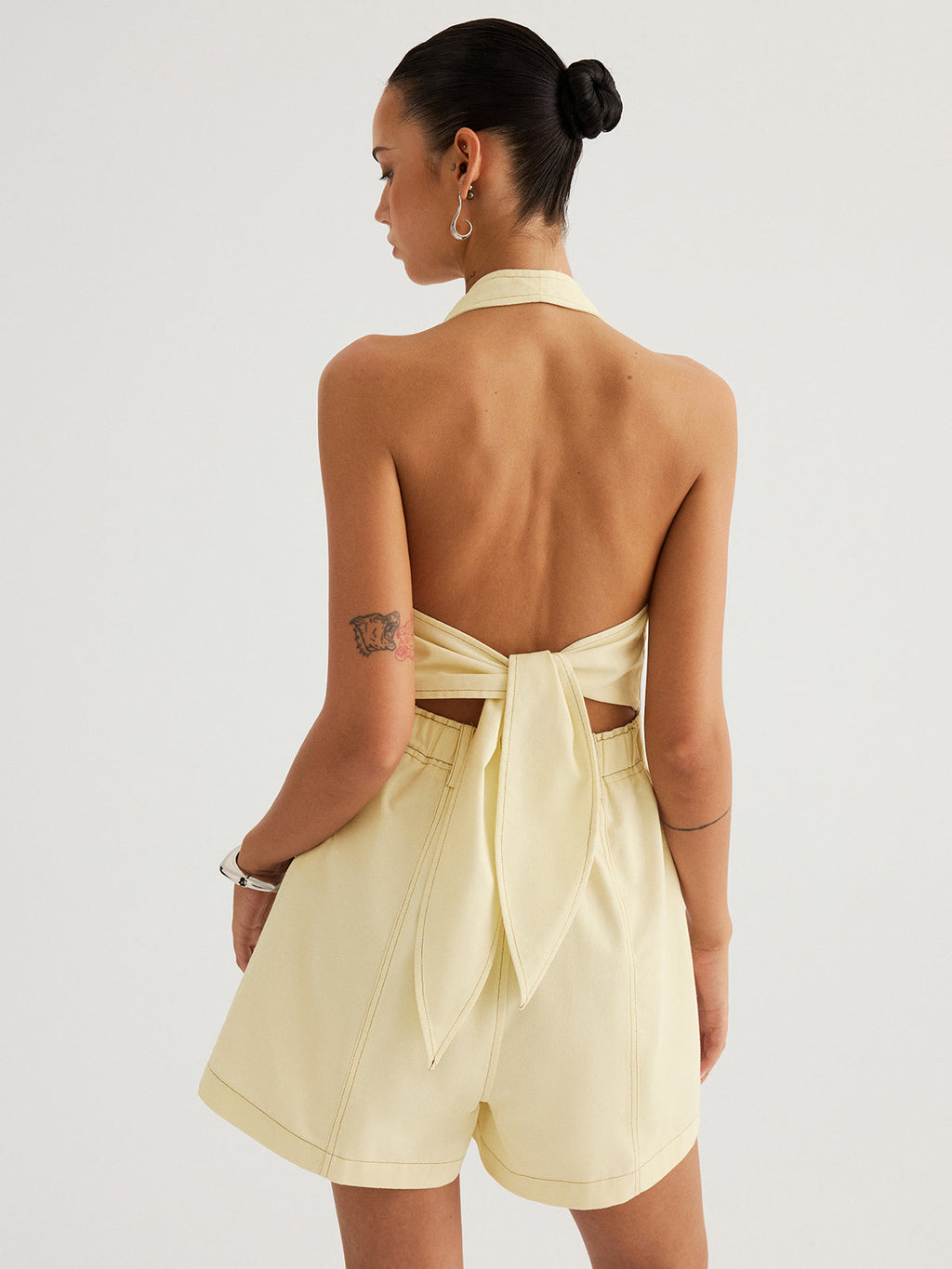 Cotton Halter V-Neck Tie-Back Romper