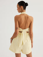 Cotton Halter V-Neck Tie-Back Romper
