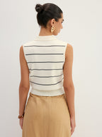 Striped Polo Collar Sleeveless Knit Top