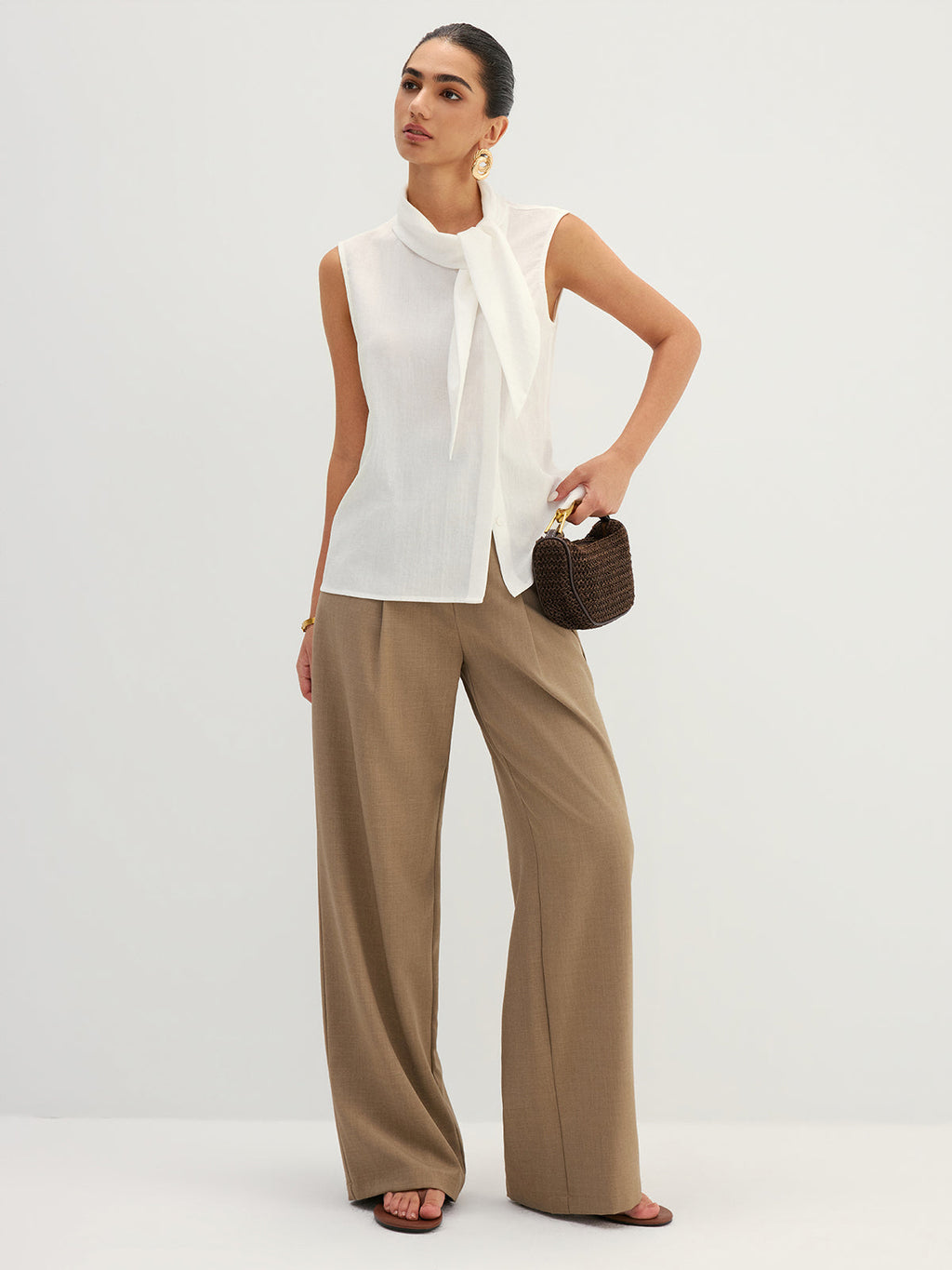Tie Neck Sleeveless Tencel Blouse