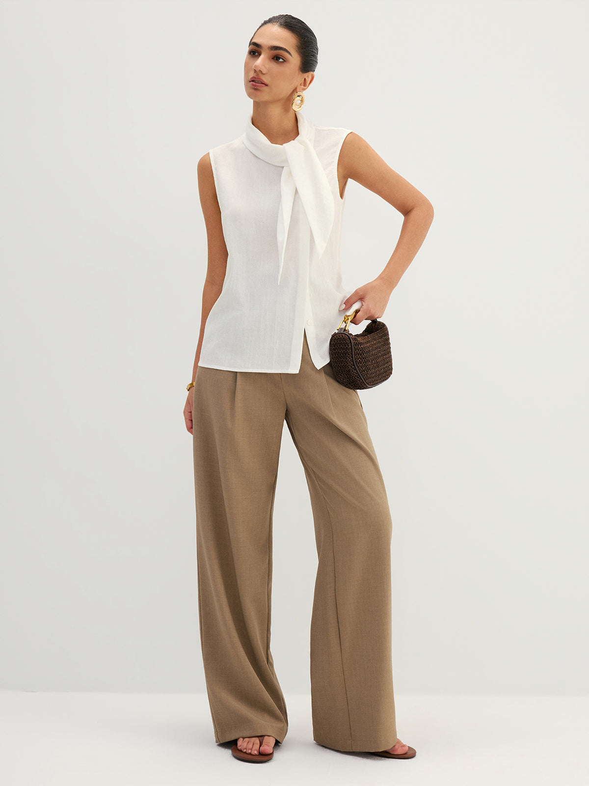 Tie Neck Sleeveless Tencel Blouse