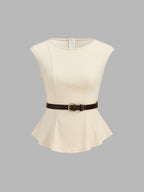 Belted Peplum Top & Satin Midi Skirt Set