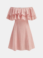 Off Shoulder Ruffle Gingham Mini Dress