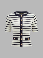 Striped Metal Button Short Sleeve Ribbed Knit Top