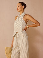 Striped Cotton Linen Halter Top & Pants Set