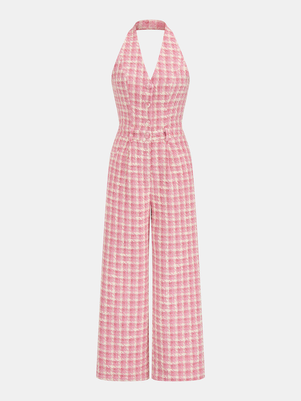 Tweed Check Halter Wide Leg Jumpsuit