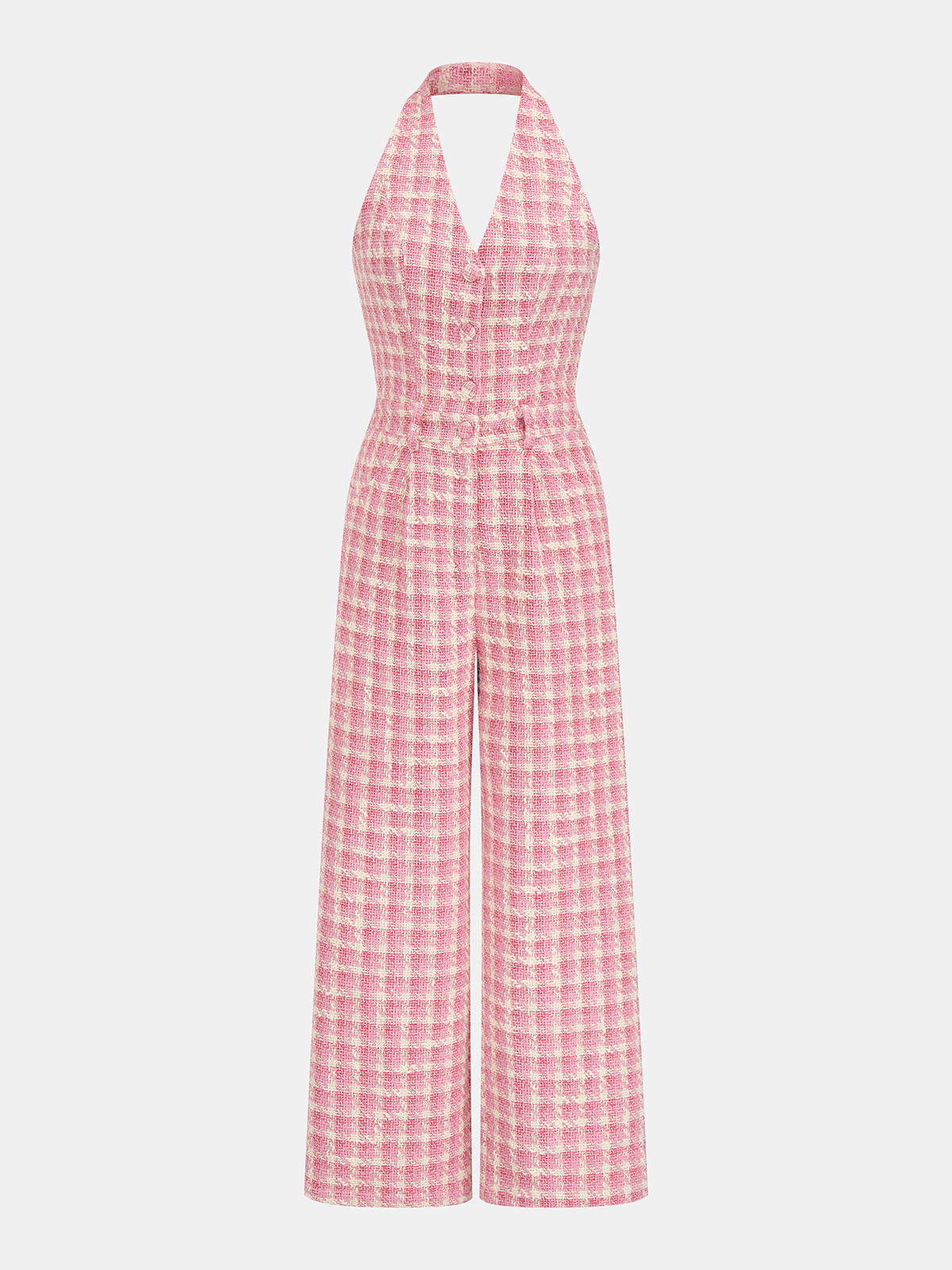 Tweed Check Halter Wide Leg Jumpsuit