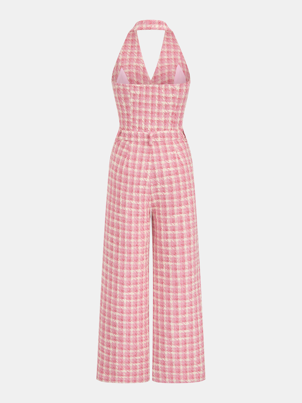 Tweed Check Halter Wide Leg Jumpsuit