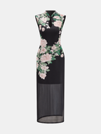 Floral Print Mandarin Collar Keyhole Dress