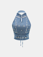 Embroidered Halter Cropped Tank Top