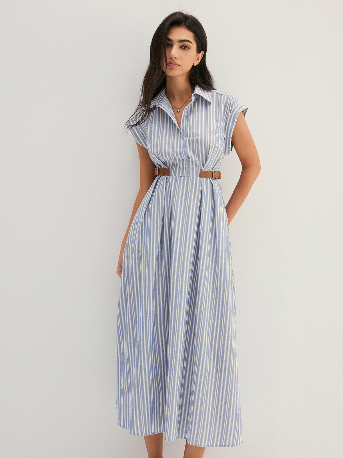 Striped Buckle Detail Cotton Shirt Dress