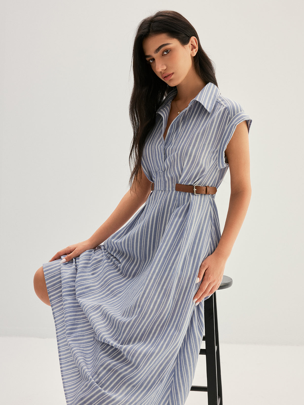 Striped Buckle Detail Cotton Shirt Dress