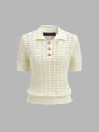 Openwork Short Sleeve Collared Knitted Top