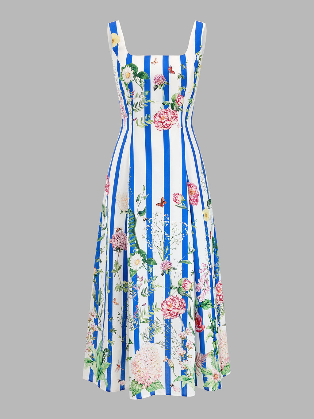 Floral Print Striped Sleeveless Maxi Dress