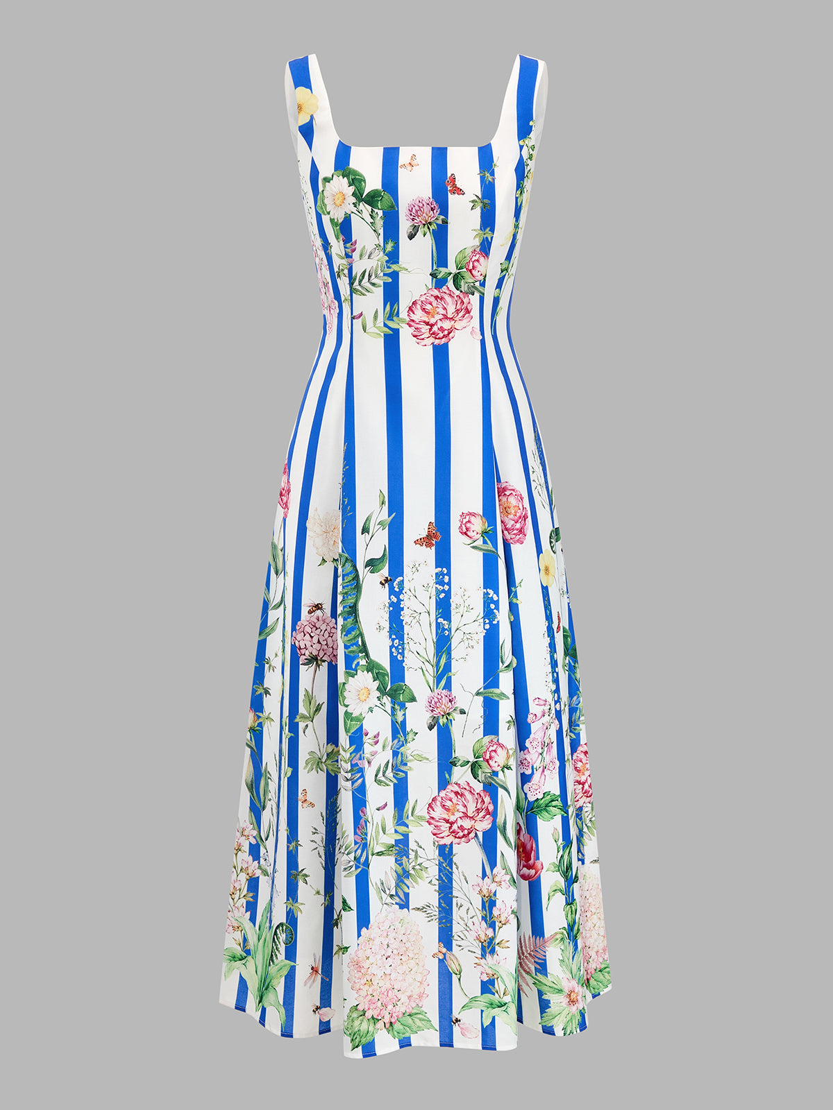 Floral Print Striped Sleeveless Maxi Dress