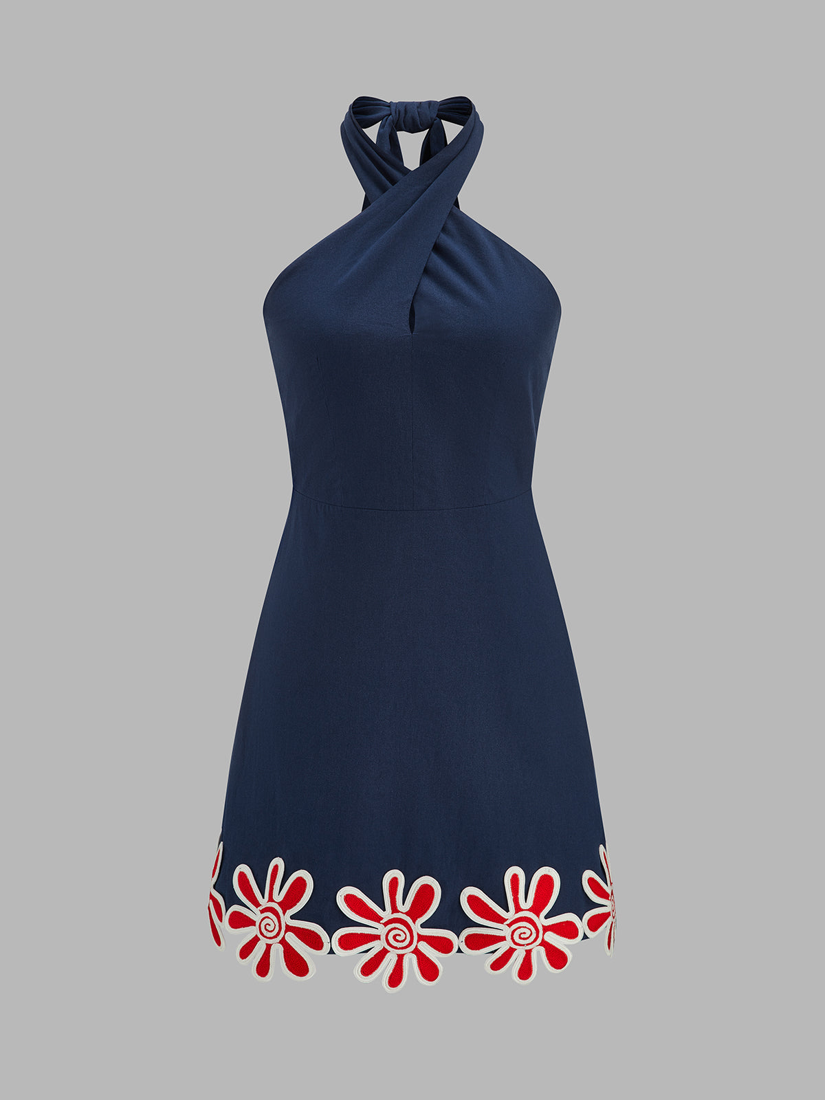Crisscross Halter Floral Embroidered Mini Dress