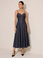 Rhinestone Decor Denim Slip Midi Dress
